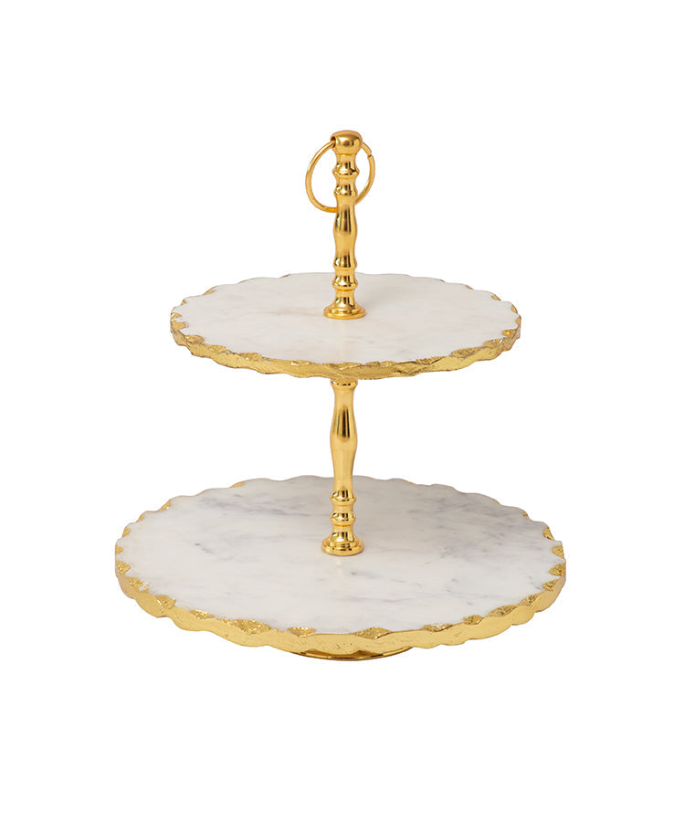White Marble 2 Tier Dessert Stand With Gold Foiling