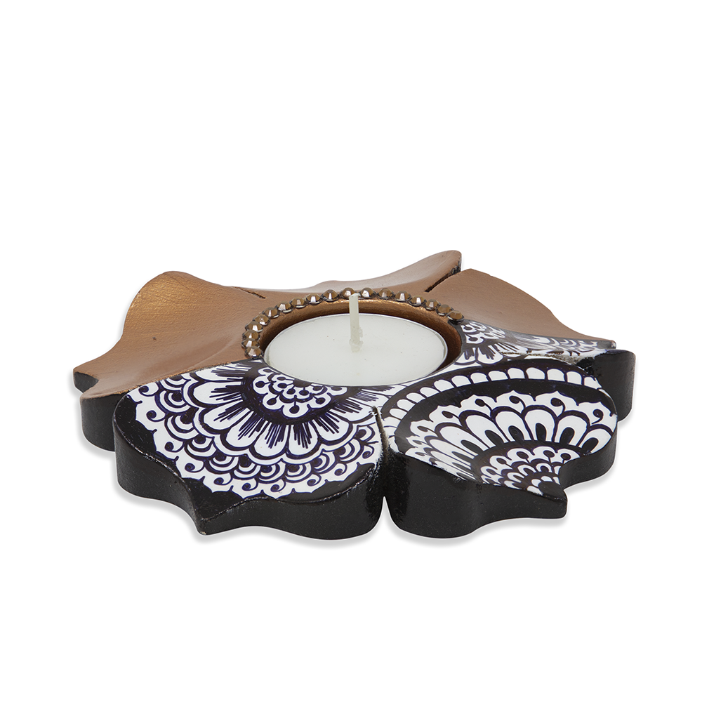 Wooden Lotus Mandala Hand Painted and Gold Petals Candle Holder