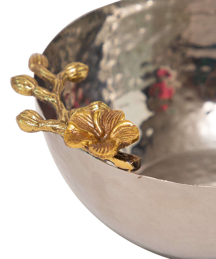 Silver Hammered Snack Bowl With Gold Flower With Stem On Edge