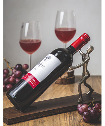 Silver Figurine Wine Holder With Wooden Base