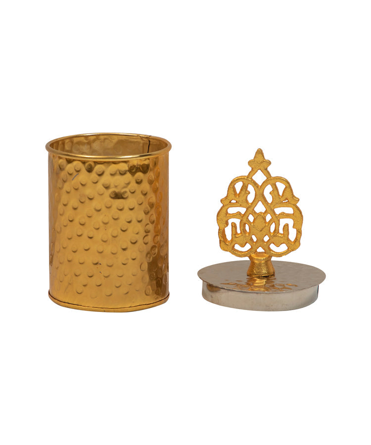Candle Holder Jar with Crown in Gold and Silver Hammered Finish.