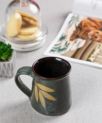 Studio Pottery Handcarved and Handglazed Deep Olive Glazed with Leaf Motif Ceramic Mug (350ML Microwave & Dishwasher Safe)