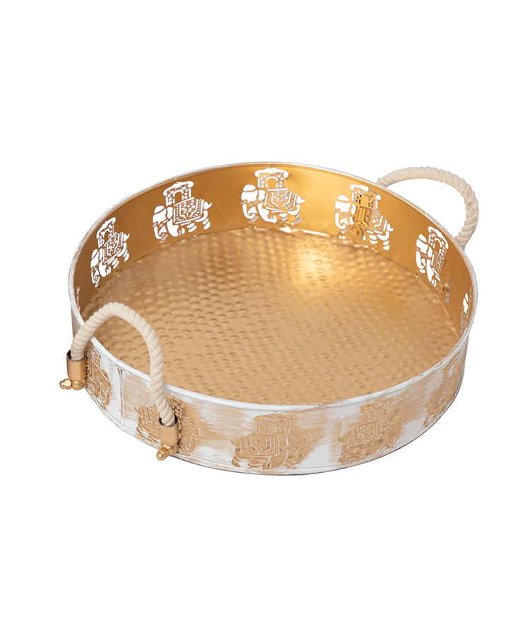 Gold & White Round Elephant Trays Set Of Two