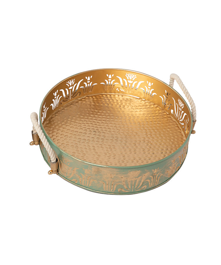 Green & Gold Round Lotus Trays - Set Of 2