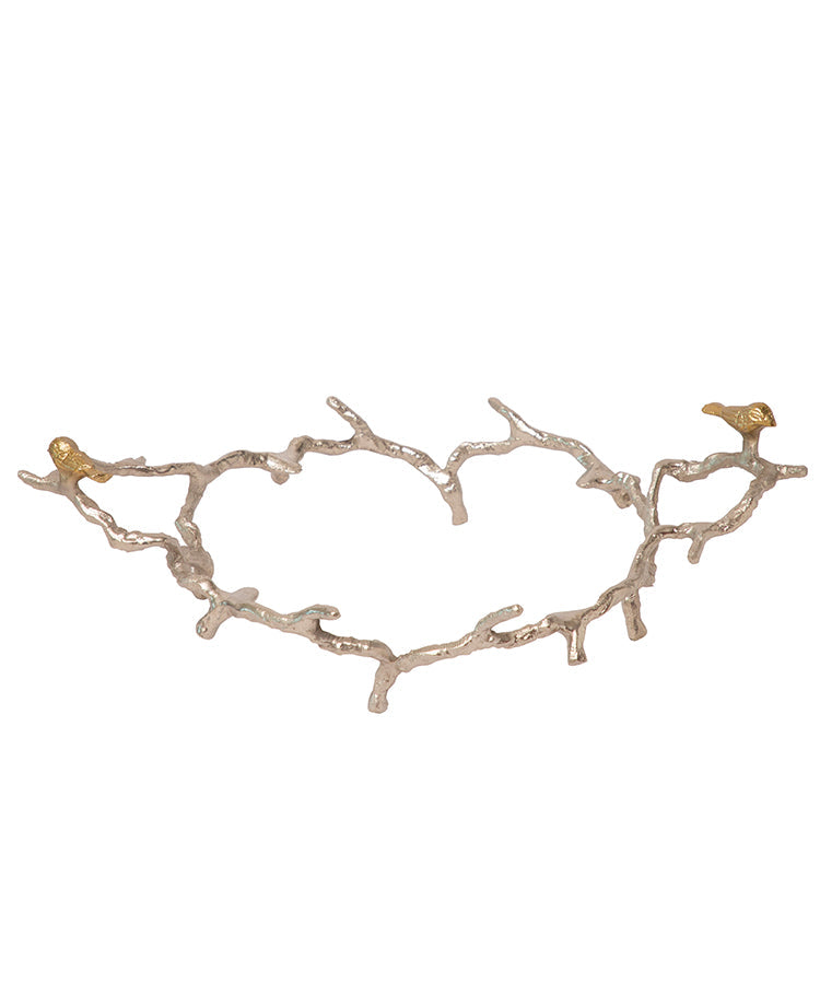 White Marble Platter On Silver Birds Branch Stand