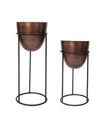 Antique Finish Copper Planters On Black Iron Stand-Set Of 2