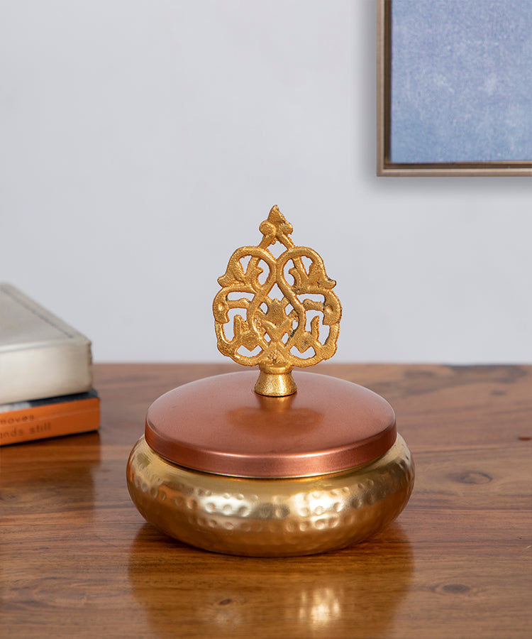 Multipurpose Box Jar Gold Textured With Copper Lid & Crown Embellishment