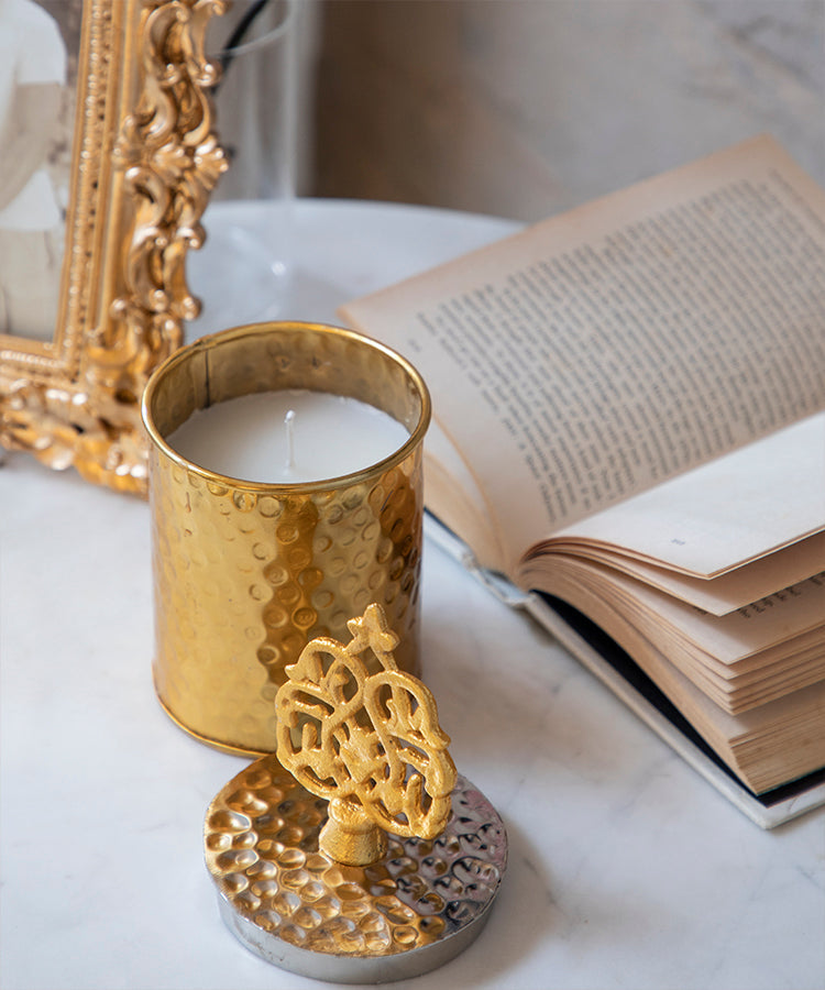 Candle Holder Jar with Crown in Gold and Silver Hammered Finish.