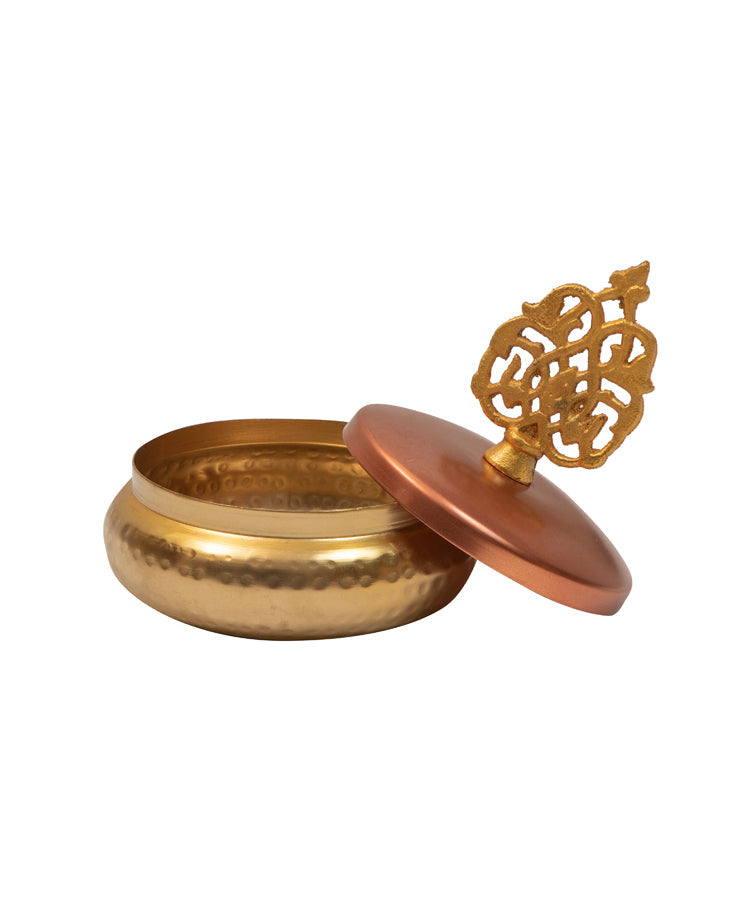 Multipurpose Box Jar Gold Textured With Copper Lid & Crown Embellishment