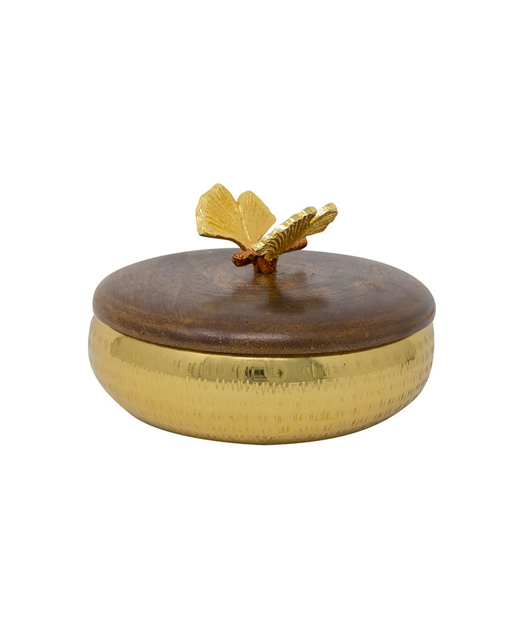 Candle Holder Jar With Scented Wax Medium Gold with Butterfly Embellishment on Wooden Lid