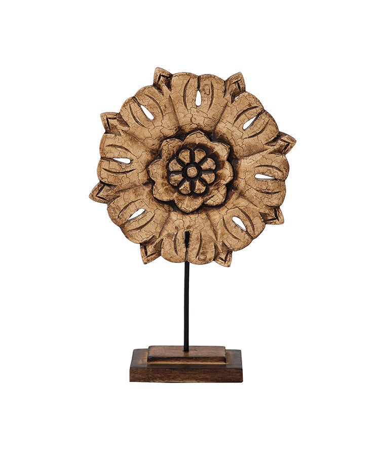Wooden Crackled Flower Sculpture Set Of 2