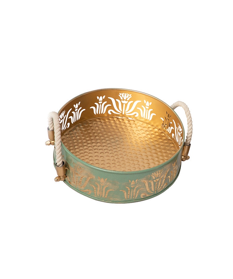 Green & Gold Round Lotus Trays - Set Of 2