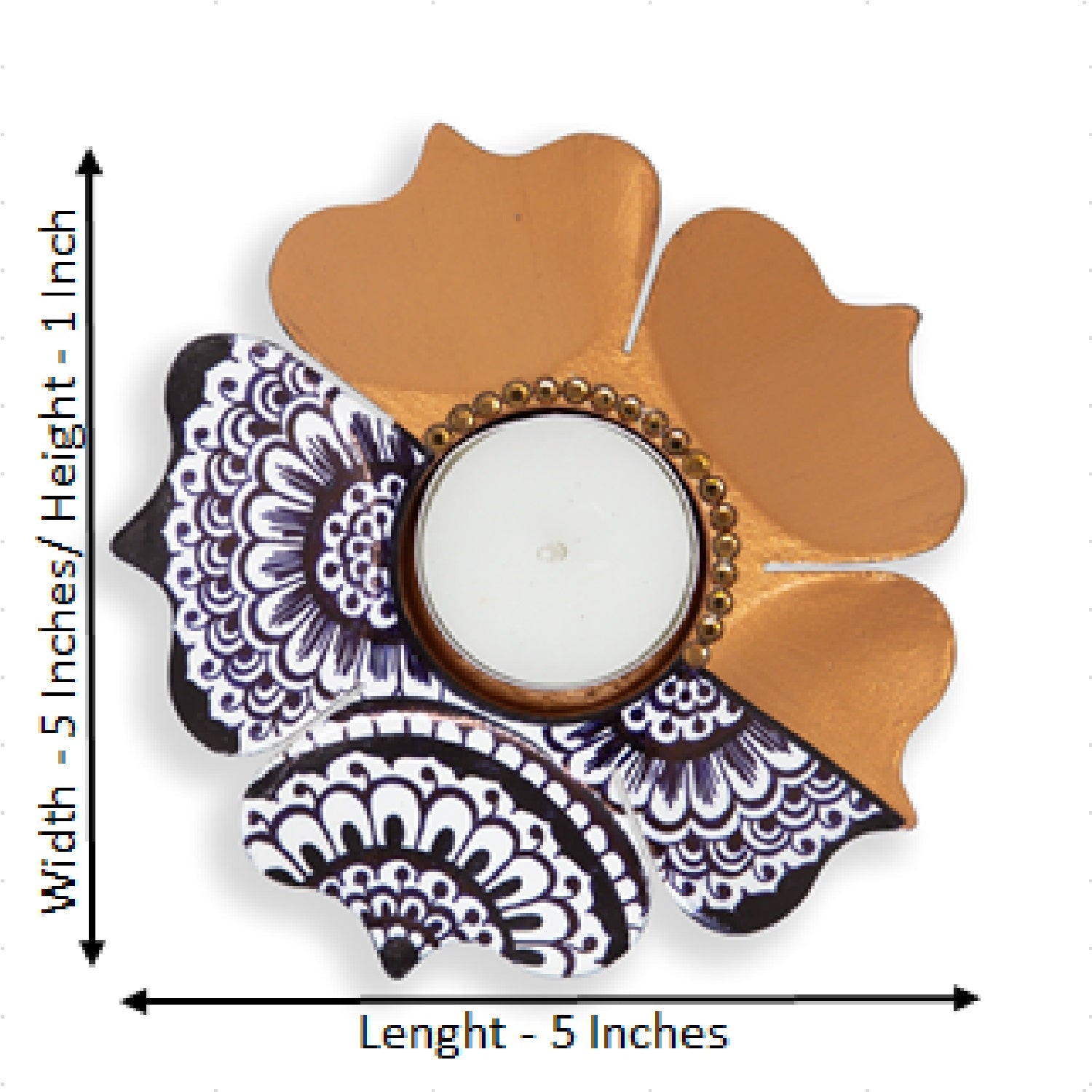 Wooden Lotus Mandala Hand Painted and Gold Petals Candle Holder