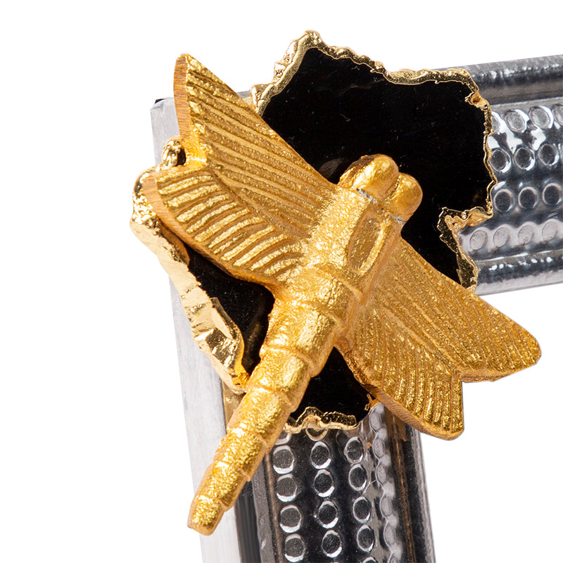Ornate Silver Photoframe with Black-Grey Agate Stone and Gold Dragonfly Embellishment On Top