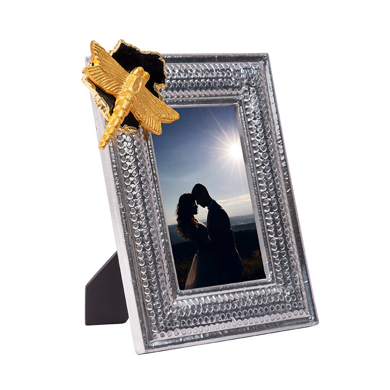 Ornate Silver Photoframe with Black-Grey Agate Stone and Gold Dragonfly Embellishment On Top