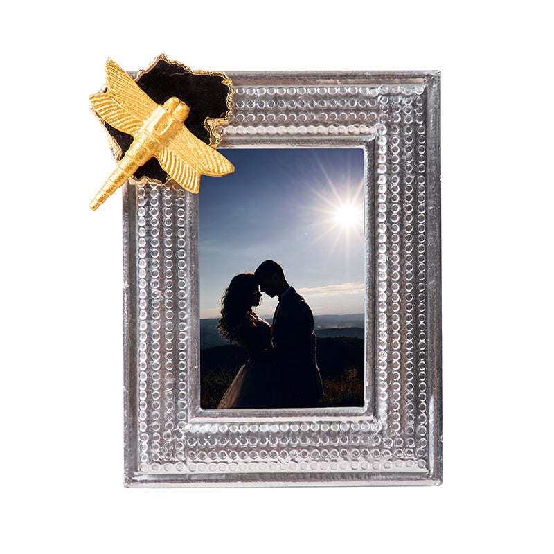 Ornate Silver Photoframe with Black-Grey Agate Stone and Gold Dragonfly Embellishment On Top
