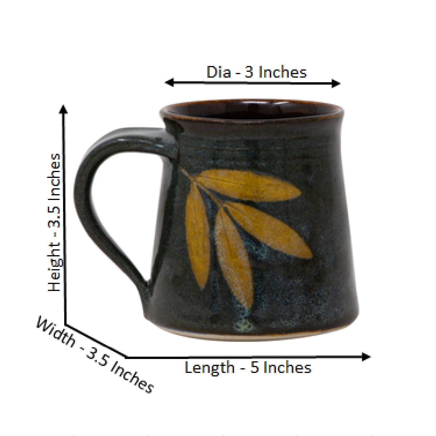 Studio Pottery Handcarved and Handglazed Deep Olive Glazed with Leaf Motif Ceramic Mug (350ML Microwave & Dishwasher Safe)