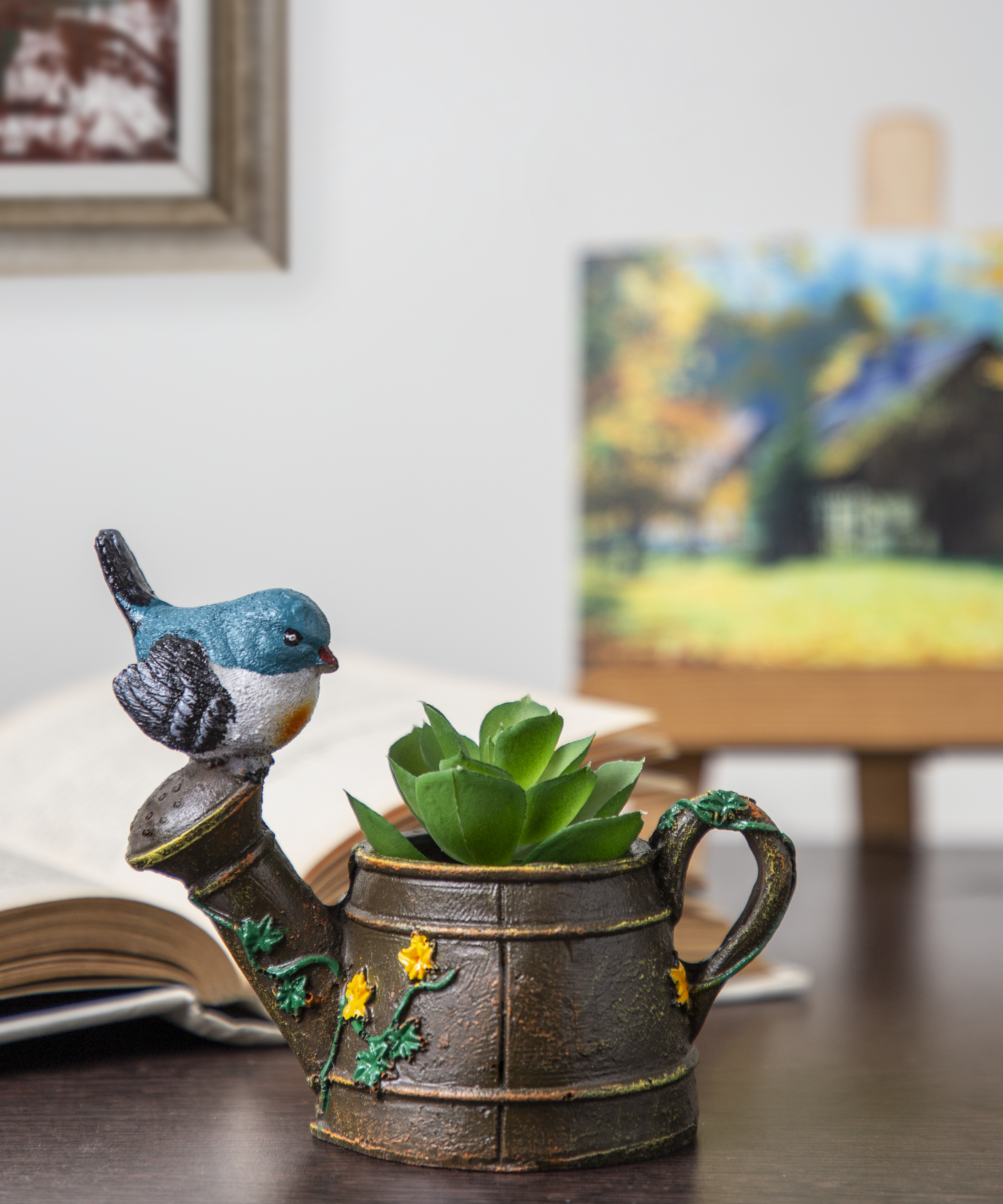 Watering Can with Perched Bird Planter Pot (Artificial Succulent Plant Included with this Planter Pot)
