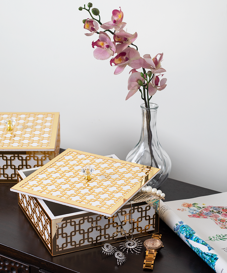 White & Gold Interlink Geometric Design Multipurpose Utility Box