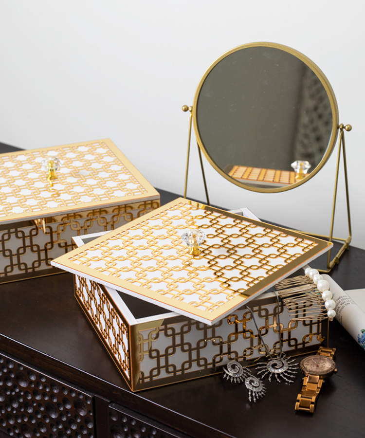 White & Gold Interlink Geometric Design Multipurpose Utility Box