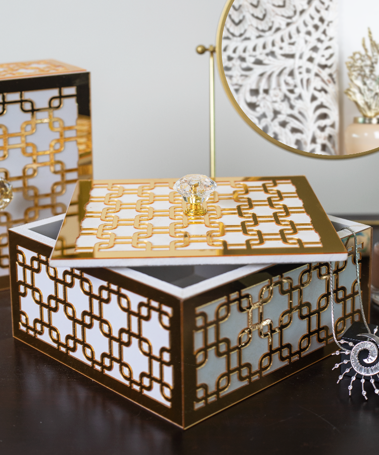 White & Gold Interlink Geometric Design Multipurpose Utility Box