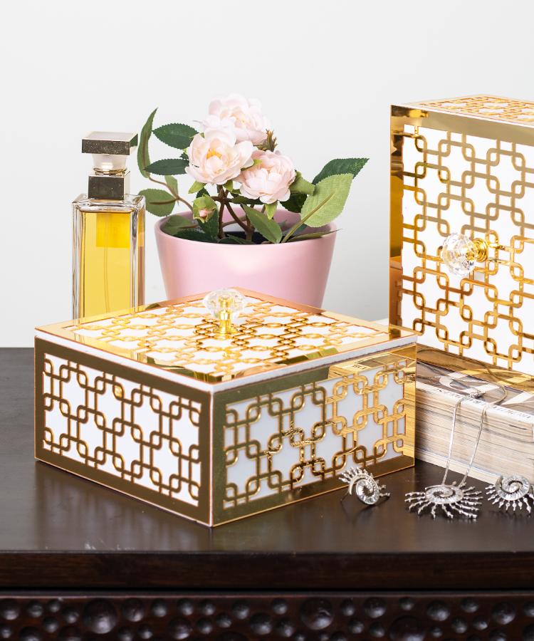 White & Gold Interlink Geometric Design Multipurpose Utility Box