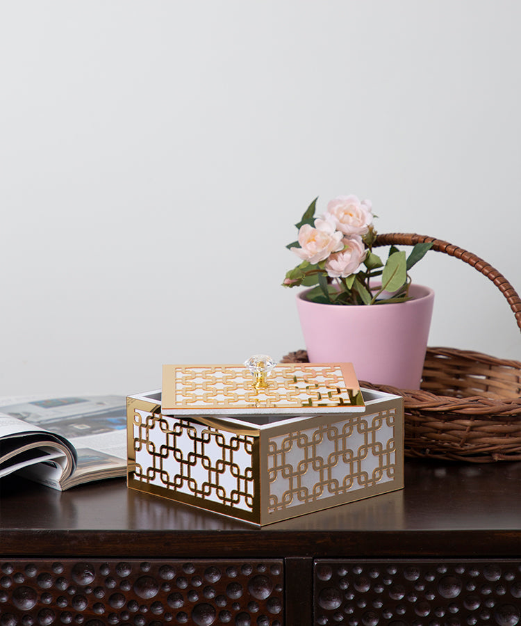 White & Gold Interlink Geometric Design Multipurpose Utility Box