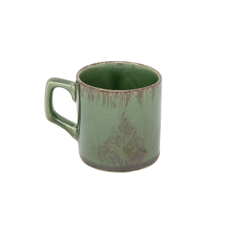 Studio Pottery Dual Glaze Green with Brown Leaf Motif Ceramic Mug -230ML