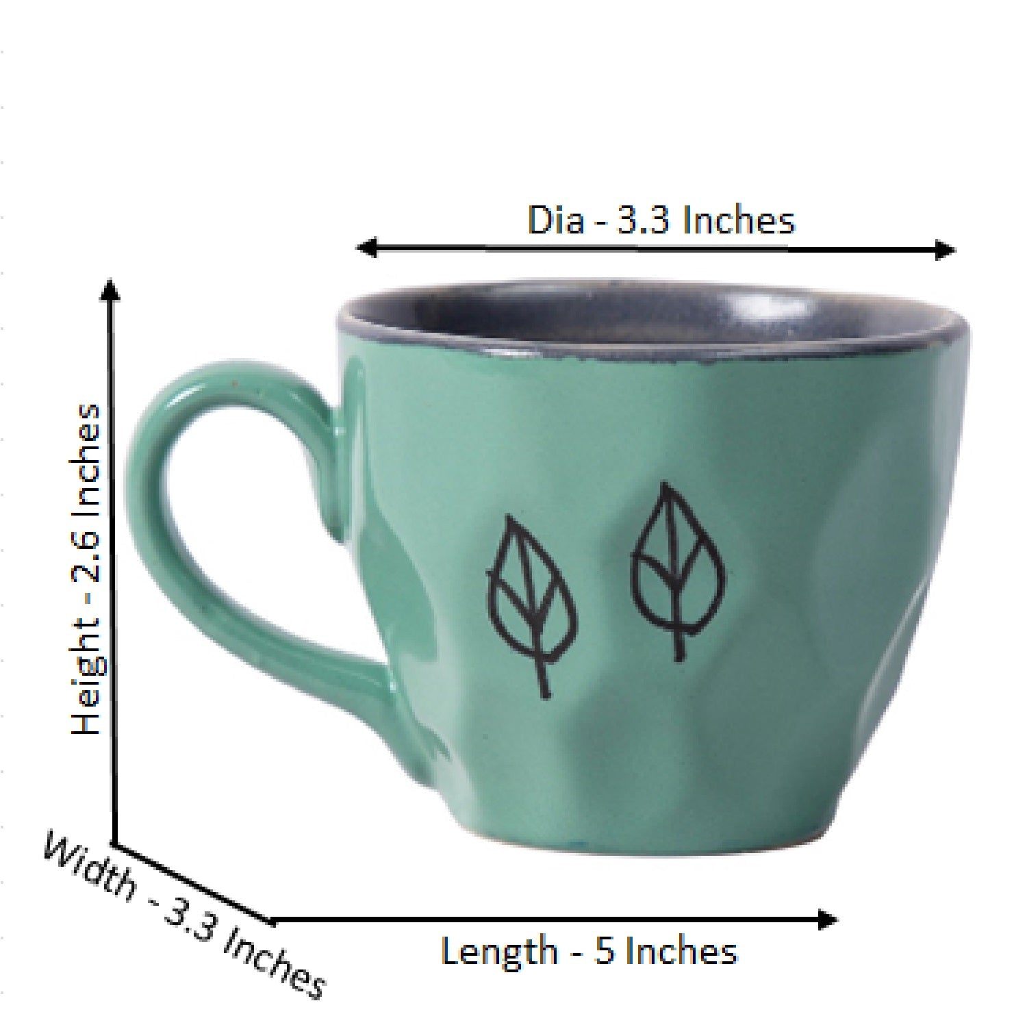 Studio Pottery Mint Green and Grey Dual Colour Glazed and Textured Contemporary Style Handpainted Leaves Motif Ceramic Mugs -Set of 2 (250 ML Microwave and Dishwasher Safe)