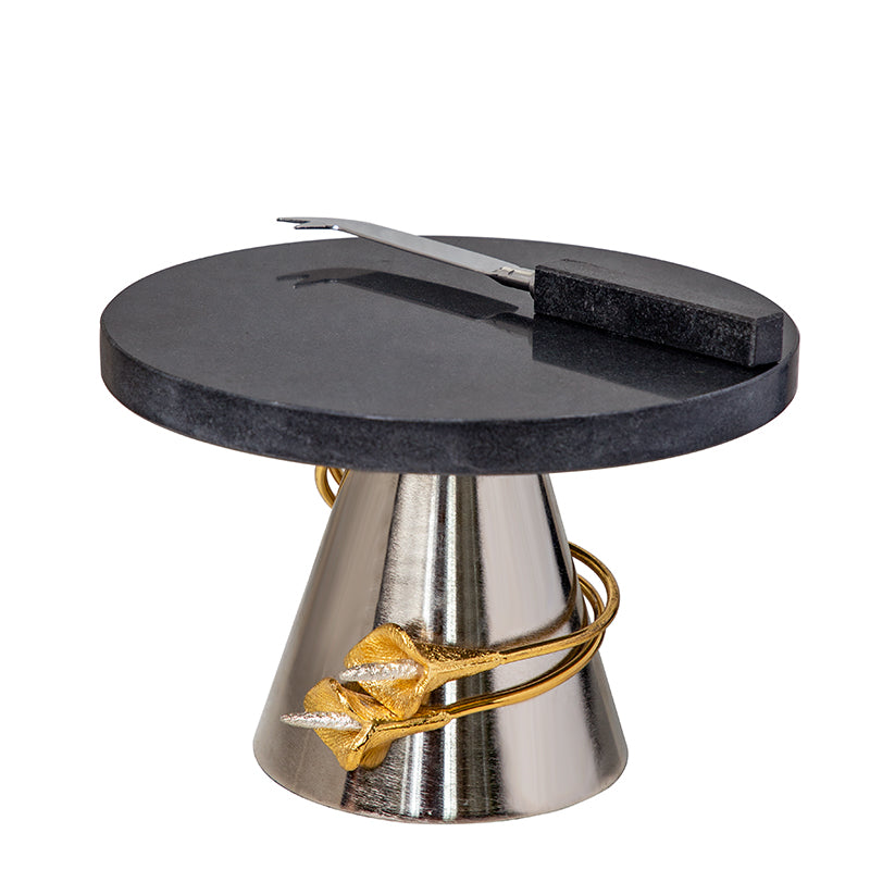 Gold Spiral Tulips Design Black Marble Top With Silver Base Cake Stand And Knife Set