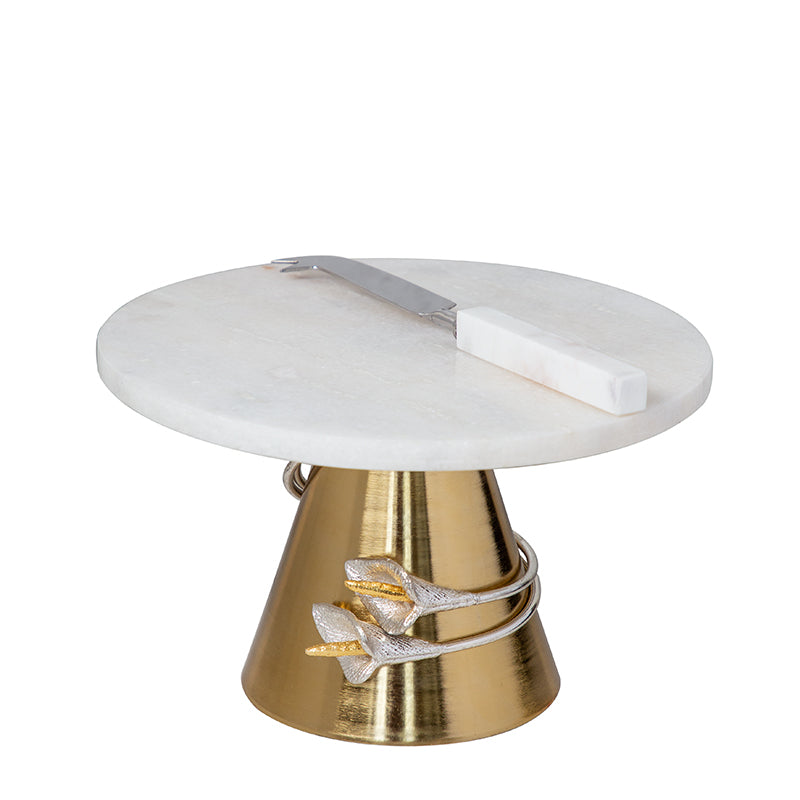 Silver Tulip Spiral Design White Marble With Gold Base Cake Stand And Knife Set