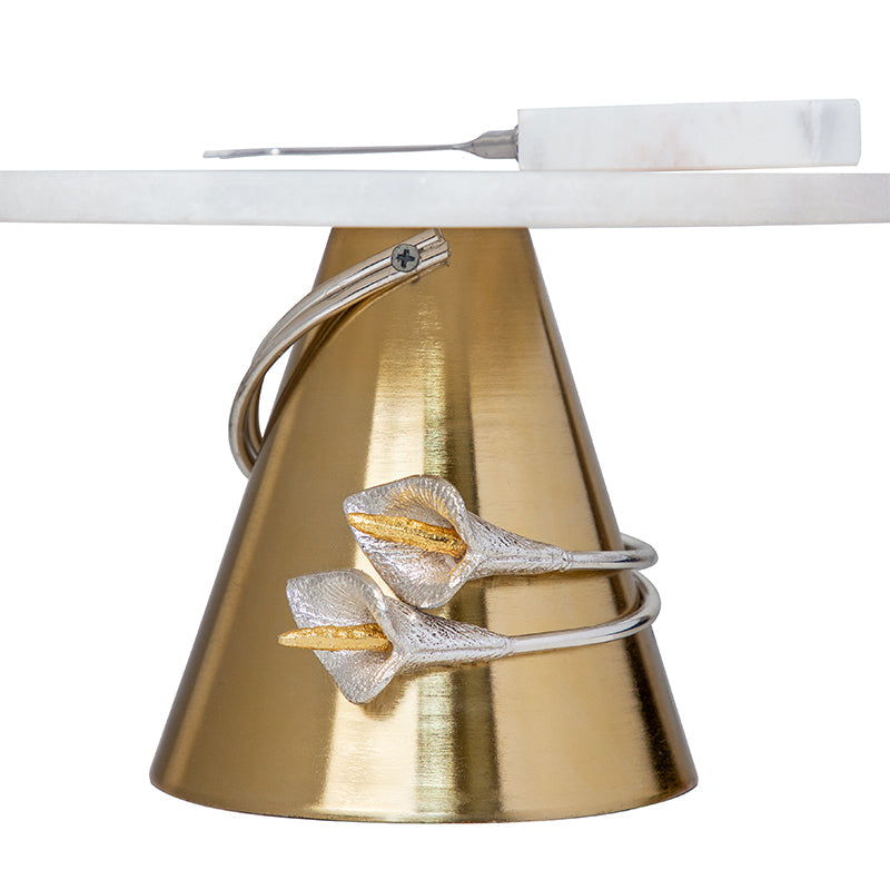 Silver Tulip Spiral Design White Marble With Gold Base Cake Stand And Knife Set