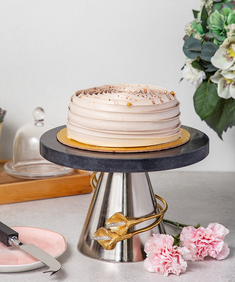 Gold Spiral Tulips Design Black Marble Top With Silver Base Cake Stand