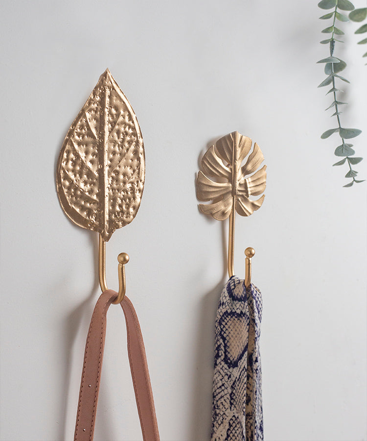 Two Leaf Multipurpose Metal Hooks in Gold Finish With Texture - Set of 2