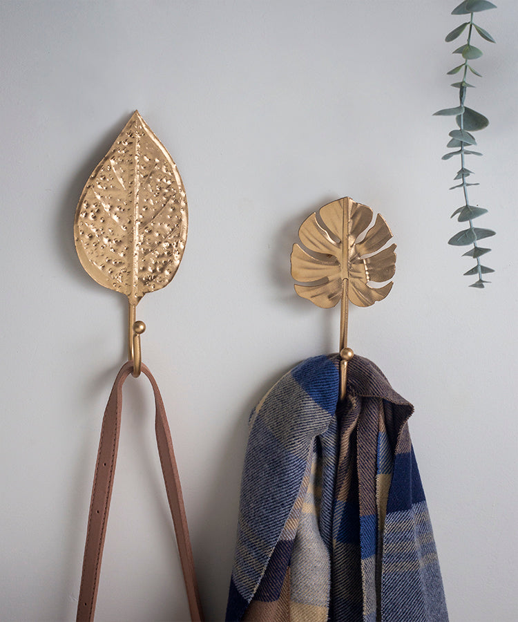 Two Leaf Multipurpose Metal Hooks in Gold Finish With Texture - Set of 2