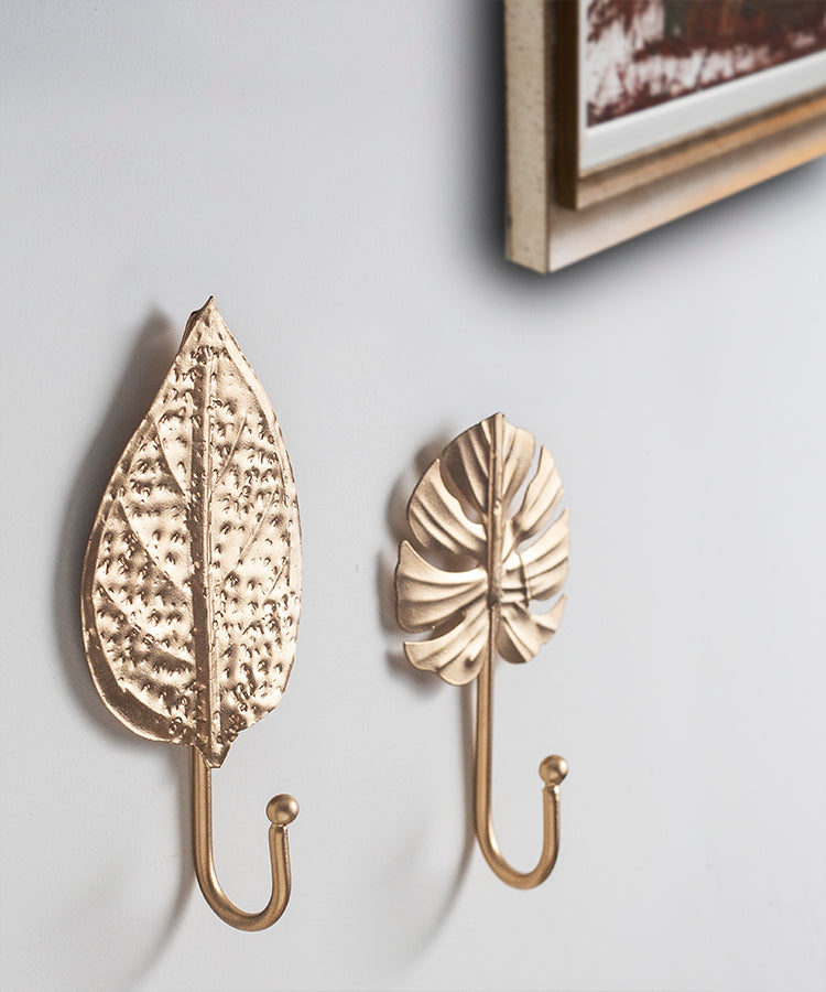 Two Leaf Multipurpose Metal Hooks in Gold Finish With Texture - Set of 2