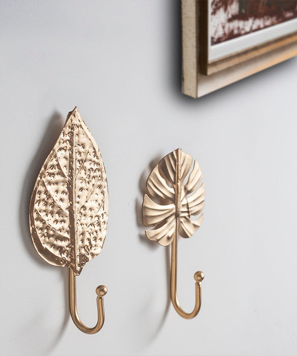 Two Leaf Multipurpose Metal Hooks in Gold Finish With Texture - Set of 2