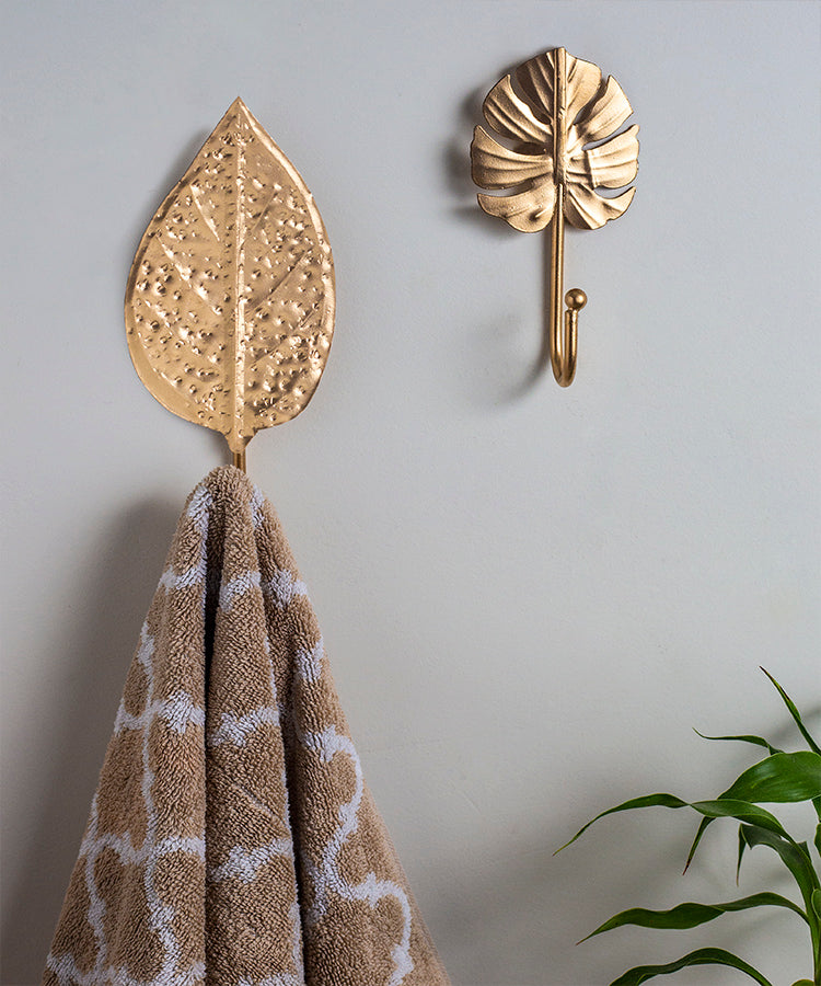 Two Leaf Multipurpose Metal Hooks in Gold Finish With Texture - Set of 2