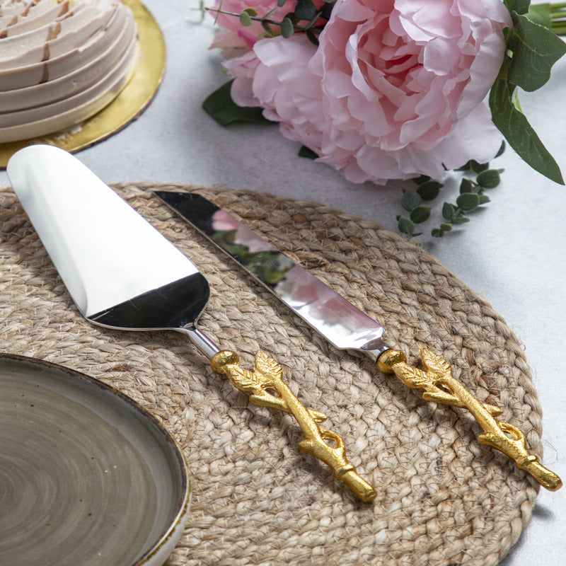 Stem With Leaves Cake Cutlery (Spatula And Knife Set)