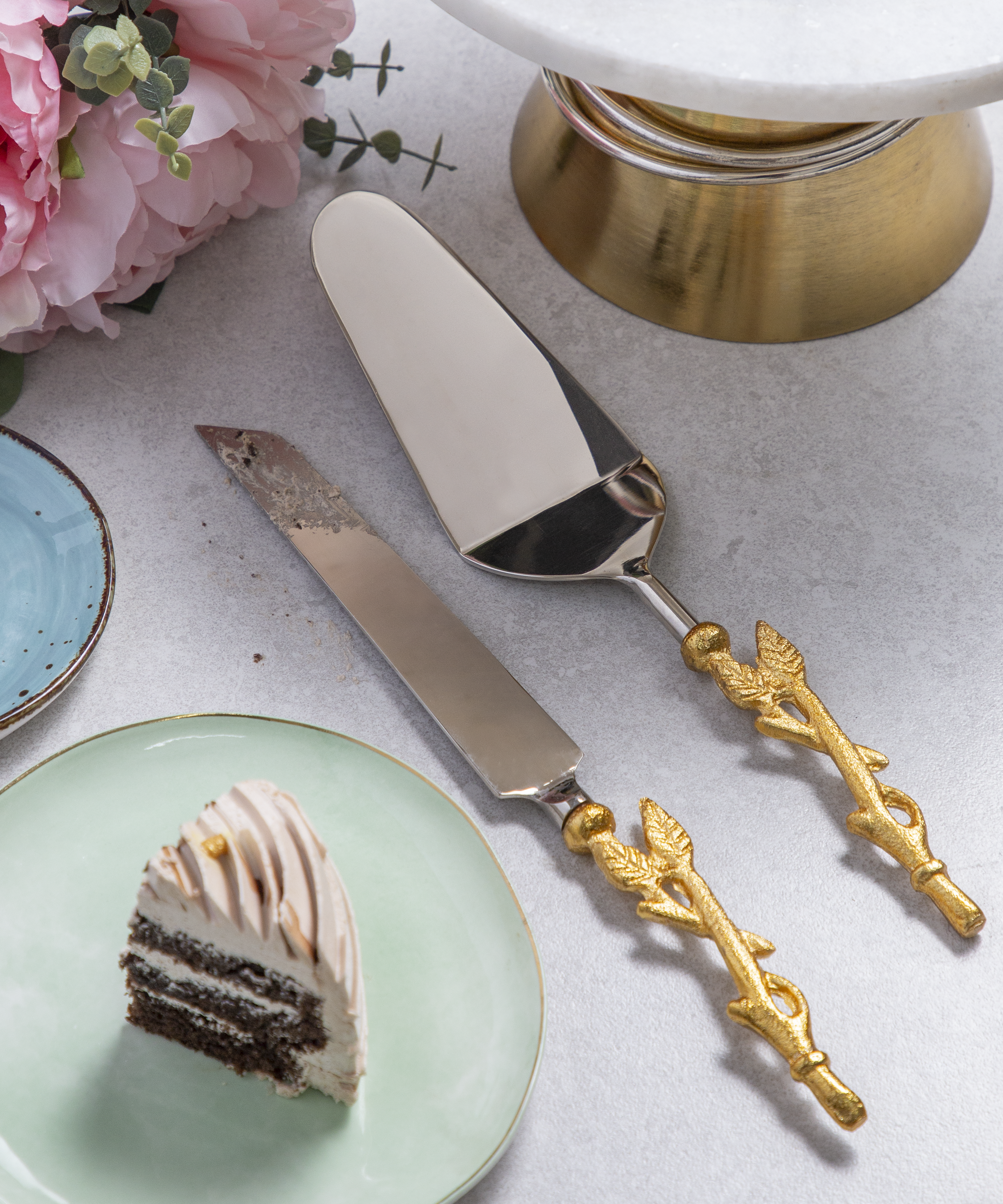 Stem With Leaves Cake Cutlery (Spatula And Knife Set)