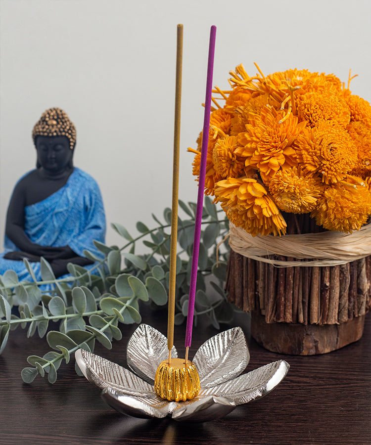 Silver Flower with Gold Center Incense Holder