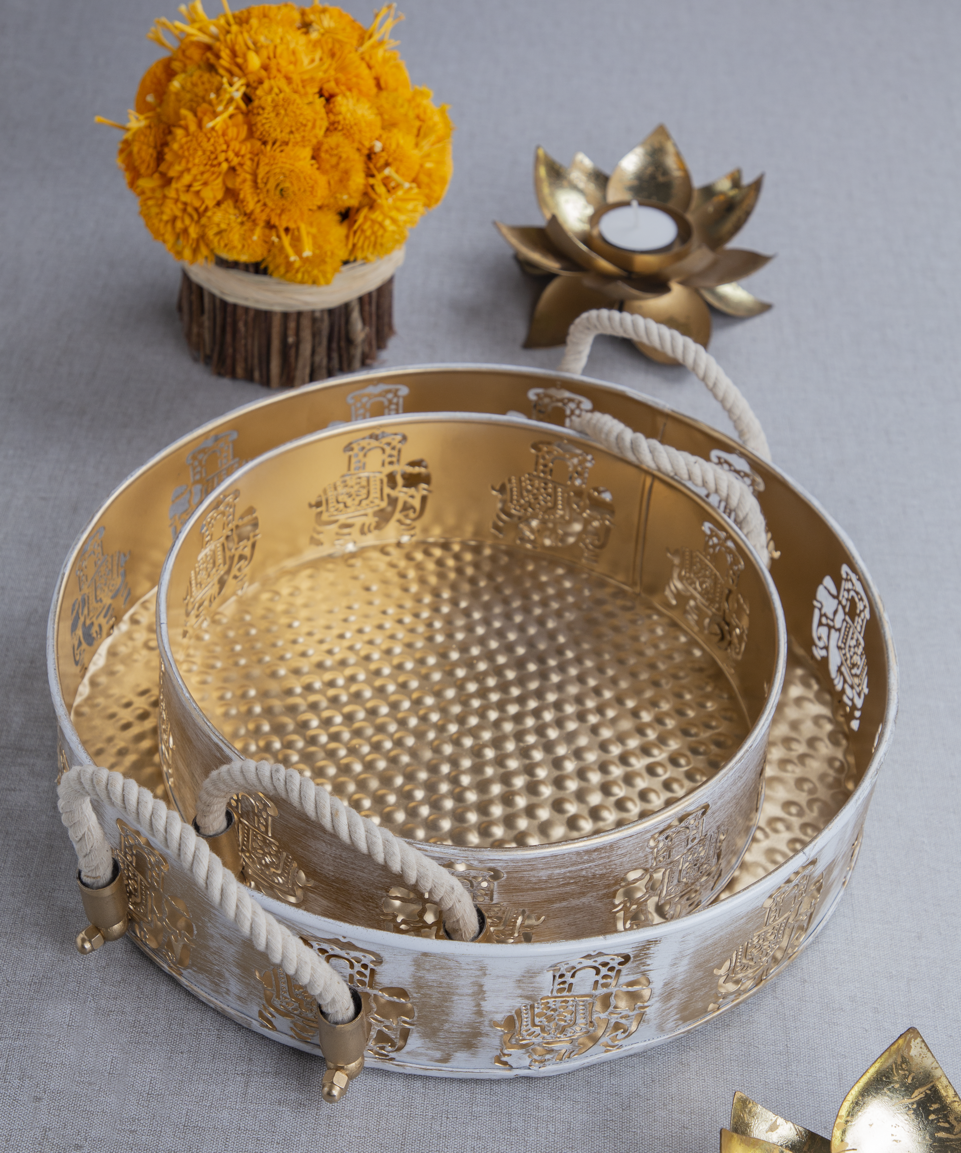 Gold & White Round Elephant Trays Set Of Two