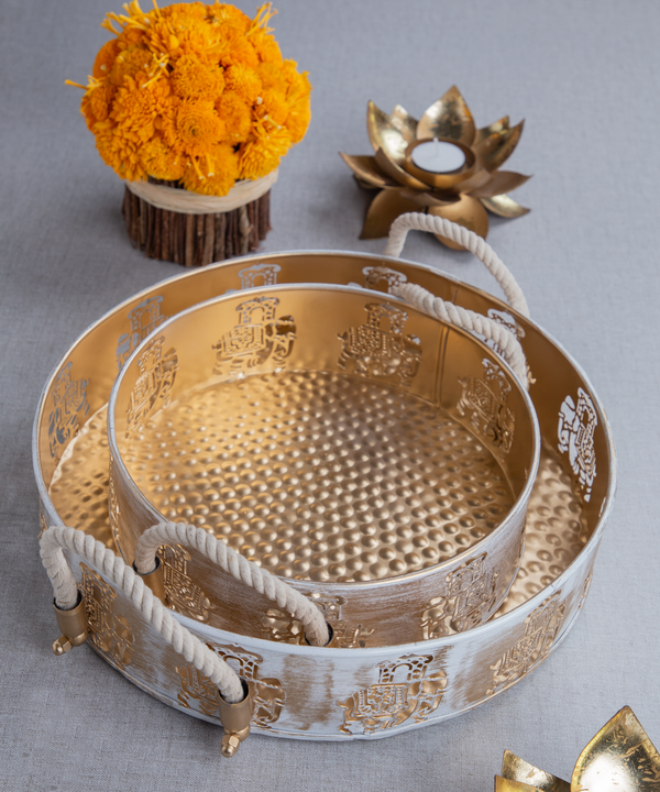 Gold & White Round Elephant Trays Set Of Two