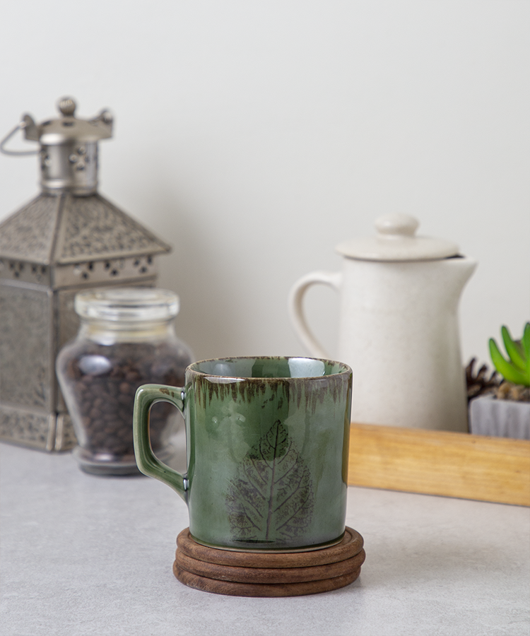 Studio Pottery Dual Glaze Green with Brown Leaf Motif Ceramic Mug -230ML