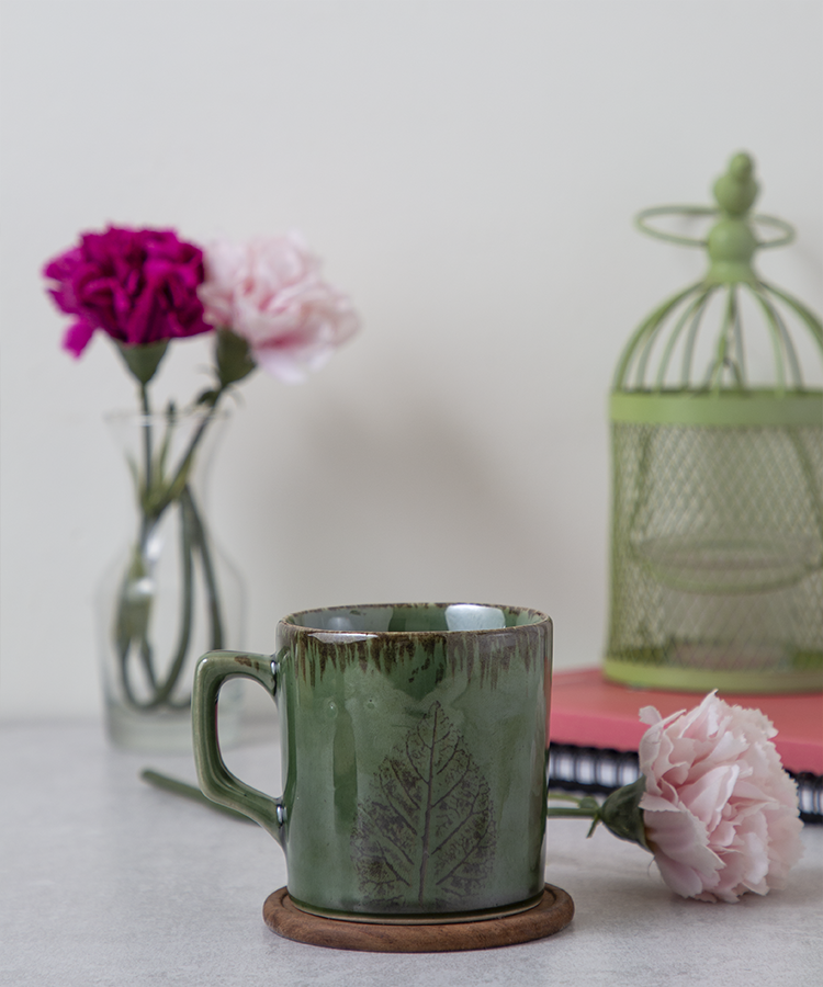 Studio Pottery Dual Glaze Green with Brown Leaf Motif Ceramic Mug -230ML