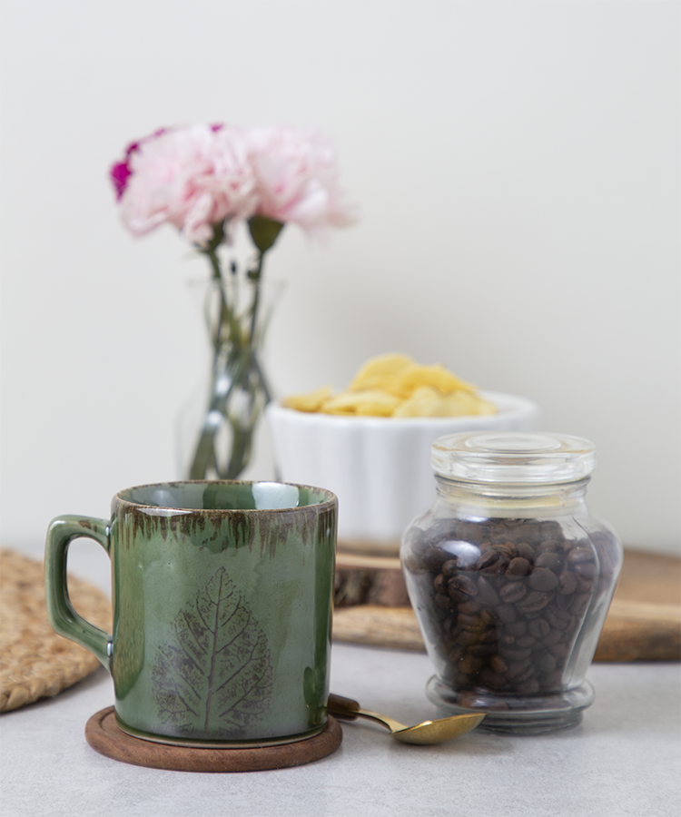 Studio Pottery Dual Glaze Green with Brown Leaf Motif Ceramic Mug -230ML
