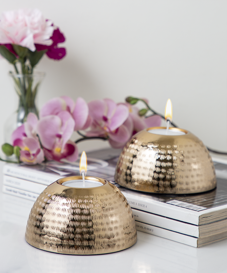 Dome Shaped Baarik Texture Tea Light Candle Holder Light Gold Finish