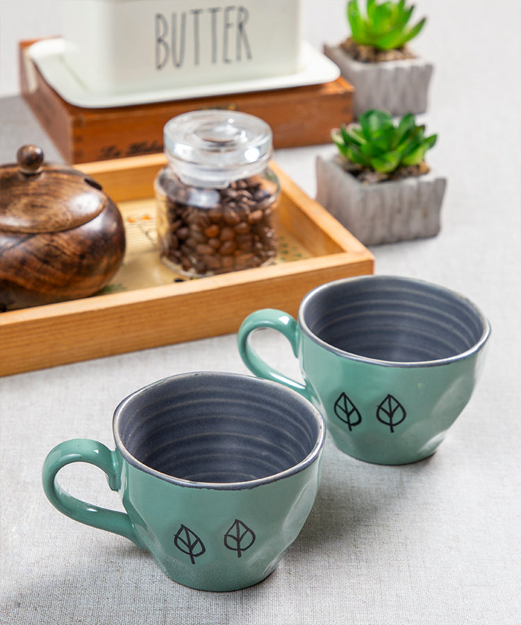 Studio Pottery Mint Green and Grey Dual Colour Glazed and Textured Contemporary Style Handpainted Leaves Motif Ceramic Mugs -Set of 2 (250 ML Microwave and Dishwasher Safe)