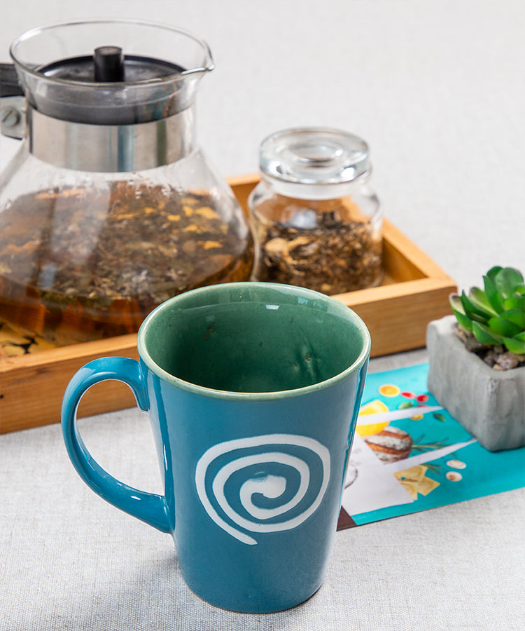 Studio Pottery Handpainted Infinity Design Dual Handglazed Aqua Blue and Green Ceramic Mug - (350 ML Microwave and Dishwasher Safe)