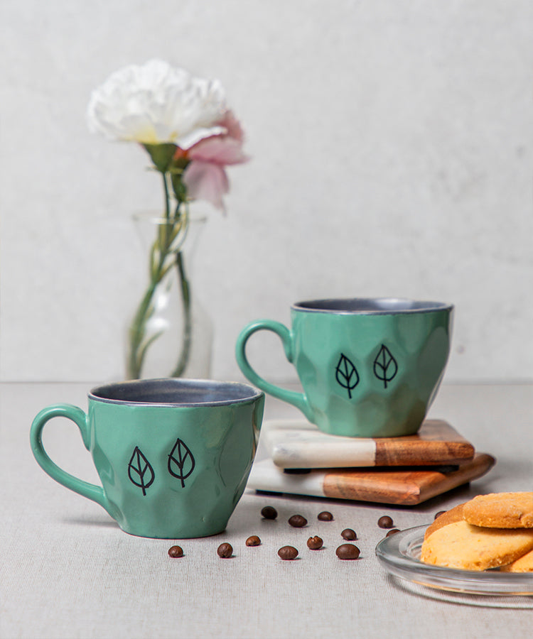 Studio Pottery Mint Green and Grey Dual Colour Glazed and Textured Contemporary Style Handpainted Leaves Motif Ceramic Mugs -Set of 2 (250 ML Microwave and Dishwasher Safe)